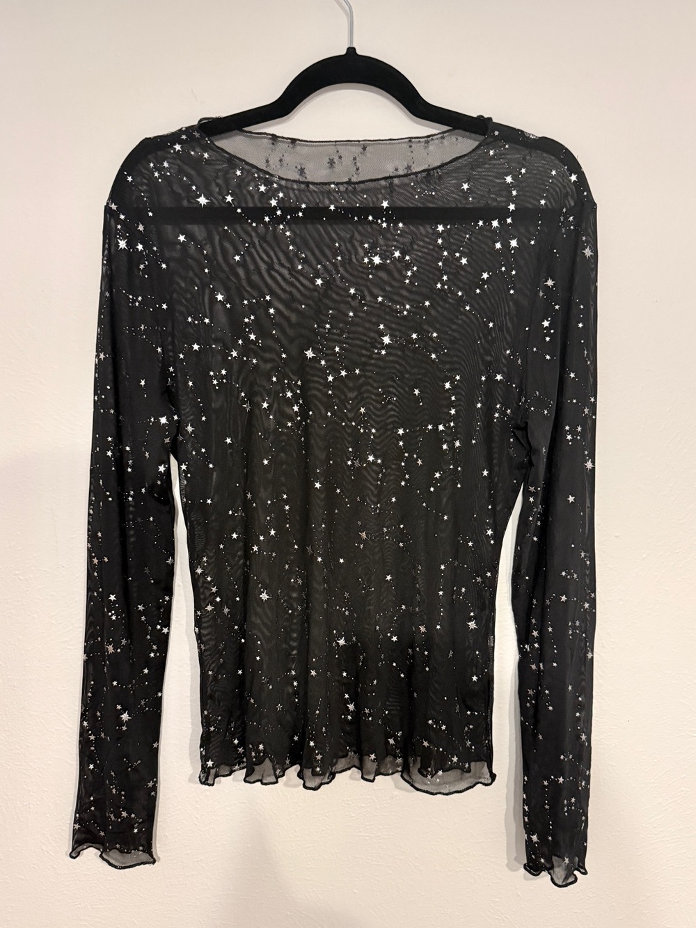 Sheer Mesh Witchy Whimsigoth Black Star-Print Long Sleeve Top Size Large